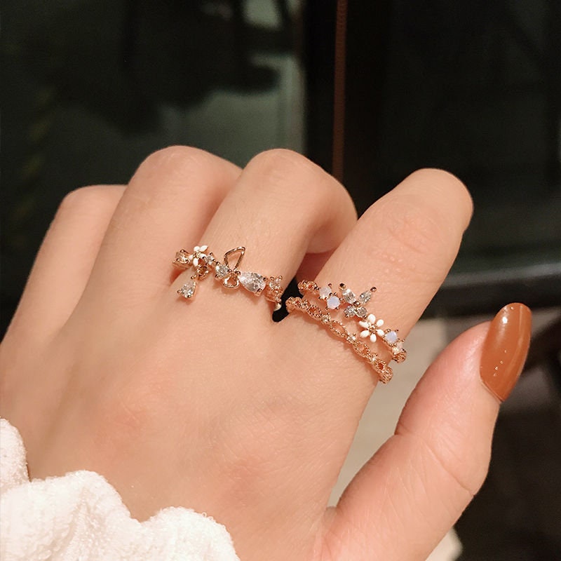 FLORAL ROSE GOLD Stackable Ring Set, Cz Rings, Crescent Rings, Open Ring, Adjustable Flower Rings, Celestial Rings, Rose Gold Rings For Her