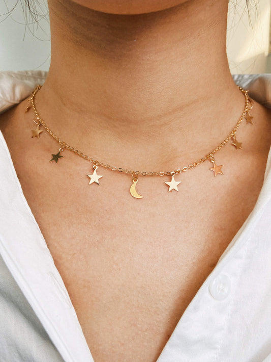 STAR CHOKER GOLD Necklace, Dainty Minimalist Necklace For Women, Party Wear For Girls, Cute Gift For Her, Golden Necklace Moon For Women