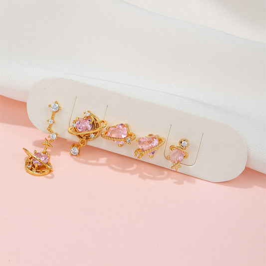 DUSTY PINK Planet Earring Set | Mismatched Gold & Pink Heart Crystal Earrings | Dainty Celestial Galaxy Jewelry Gift for Her