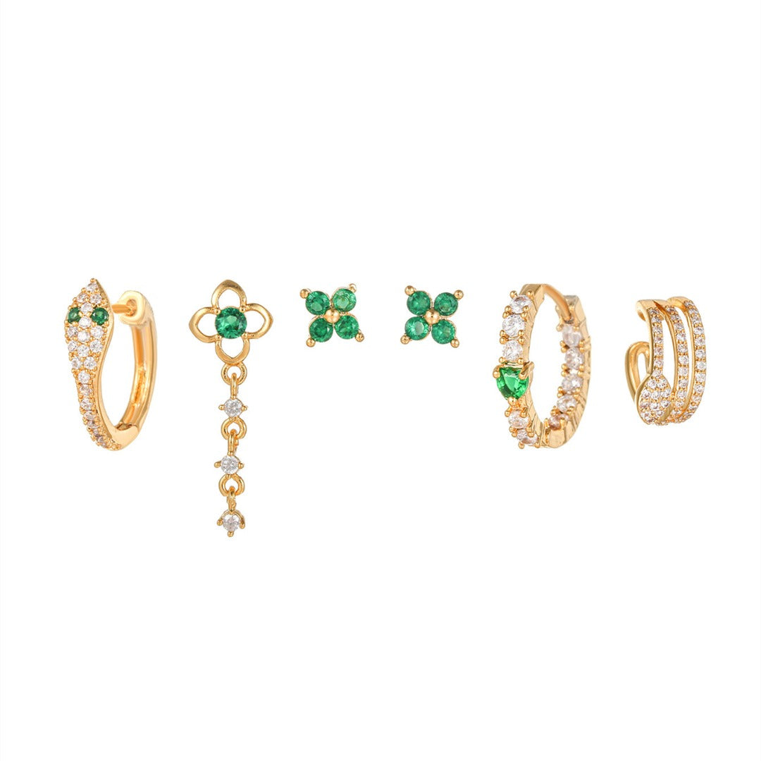 EMERAL SERPENT Earring Set | Green CZ Snake-Inspired Stud & Hoop Earrings | Gold-Plated Ear Stack Set