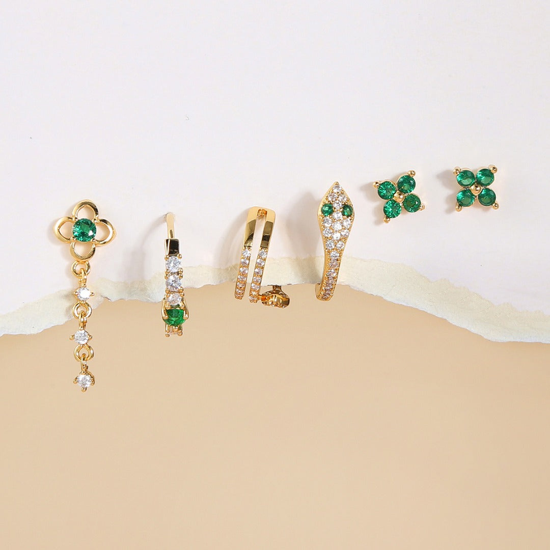 EMERAL SERPENT Earring Set | Green CZ Snake-Inspired Stud & Hoop Earrings | Gold-Plated Ear Stack Set