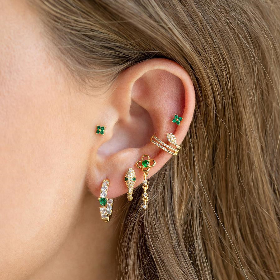 EMERAL SERPENT Earring Set | Green CZ Snake-Inspired Stud & Hoop Earrings | Gold-Plated Ear Stack Set