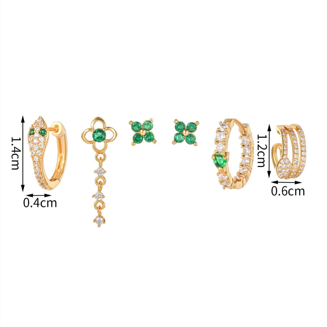 EMERAL SERPENT Earring Set | Green CZ Snake-Inspired Stud & Hoop Earrings | Gold-Plated Ear Stack Set