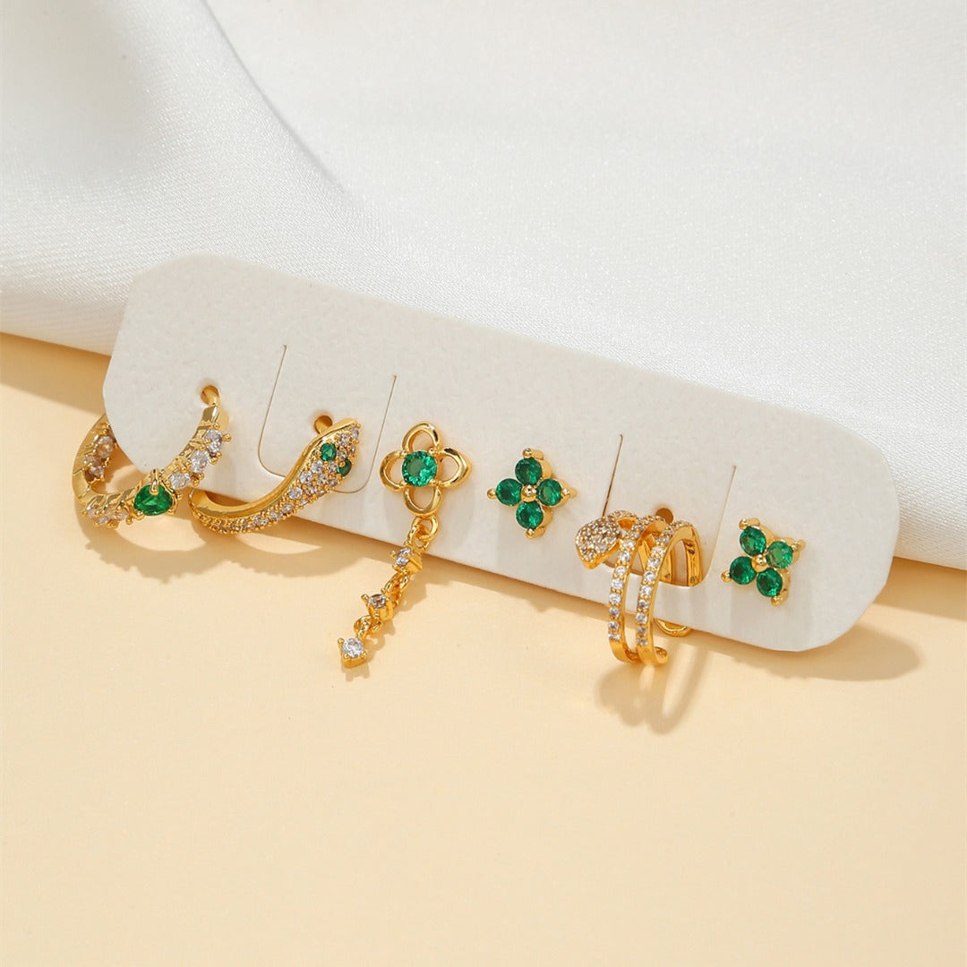EMERAL SERPENT Earring Set | Green CZ Snake-Inspired Stud & Hoop Earrings | Gold-Plated Ear Stack Set
