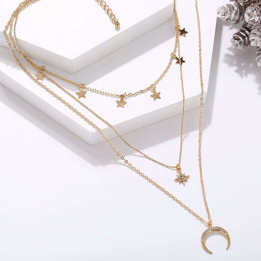 LAYERING CRYSTAL GOLD Necklace, Bead Moon and Star Necklace, Celestial Chain Necklace, Triple Layer Necklace, Necklace Set For Her