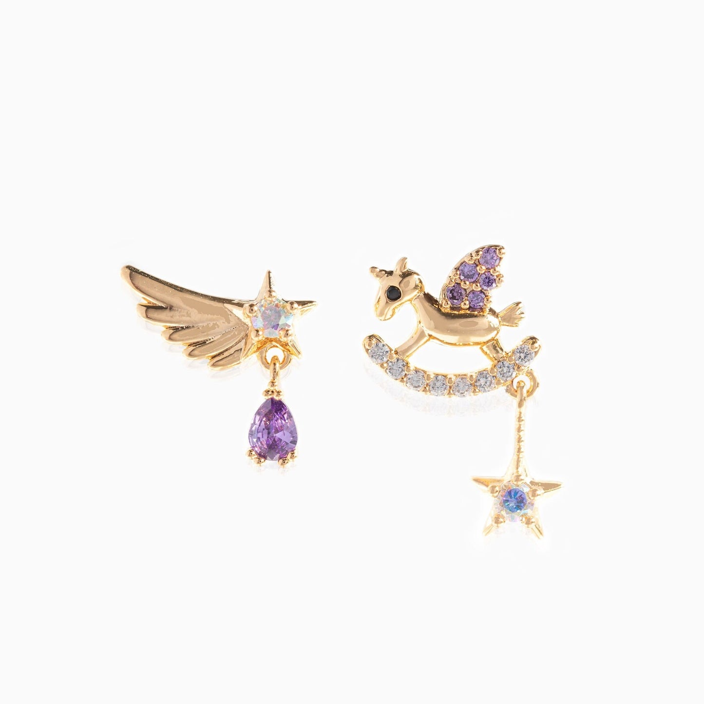 Unicorn & Wing Dangle Earrings, Moon Star Drops, Fairytale Magical Angel Wings, Tiny Asymmetry Earring, Amethyst Crystal Stone Mismatch Drop