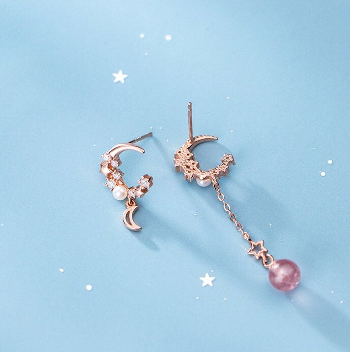 Rose Gold Celestial Crystal Earrings For Woman, Dangle Drop Star Earrings, Dainty Minimalist Earrings, Mismatch Medium-Sized Floral Earrings