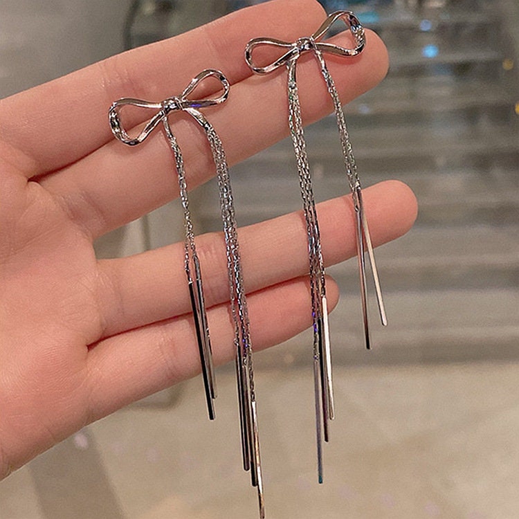 SILVER BOW DROP Earrings Set For Girl, Dainty Drop Earrings, Long Drop Earrings, Silver Dangle Earrings, Cute Korean Tie Bow Earring For Her