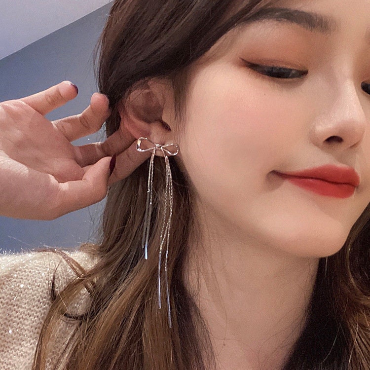 SILVER BOW DROP Earrings Set For Girl, Dainty Drop Earrings, Long Drop Earrings, Silver Dangle Earrings, Cute Korean Tie Bow Earring For Her