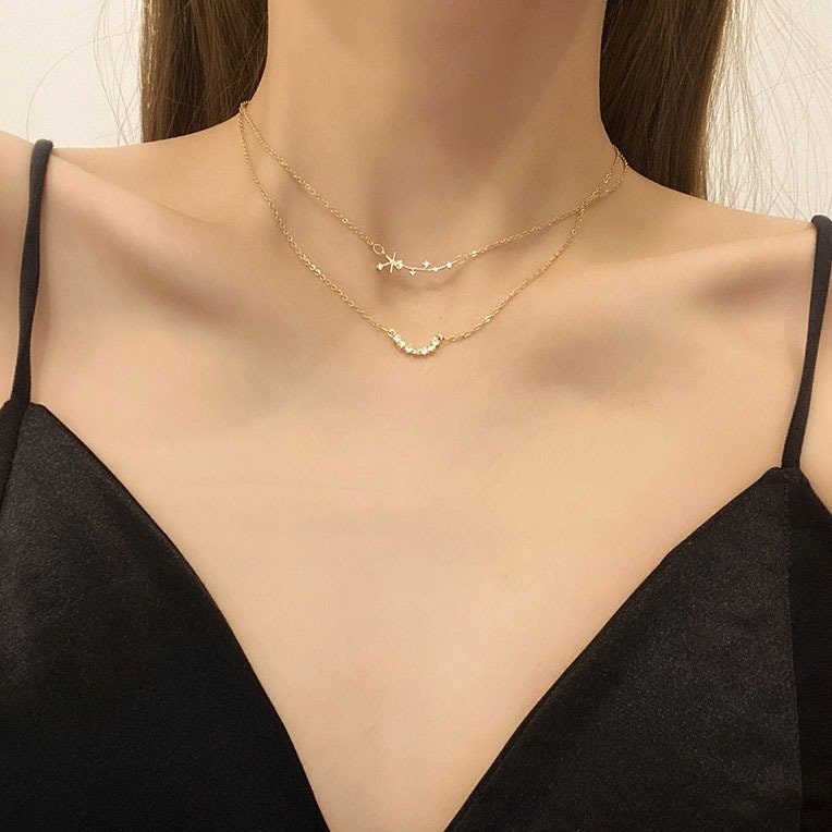 18K Gold Star Choker Necklace, Delicate Necklace, Gold Star Necklace, Layered Gold Choker, Celestial Necklace, Crystal Necklace For Women