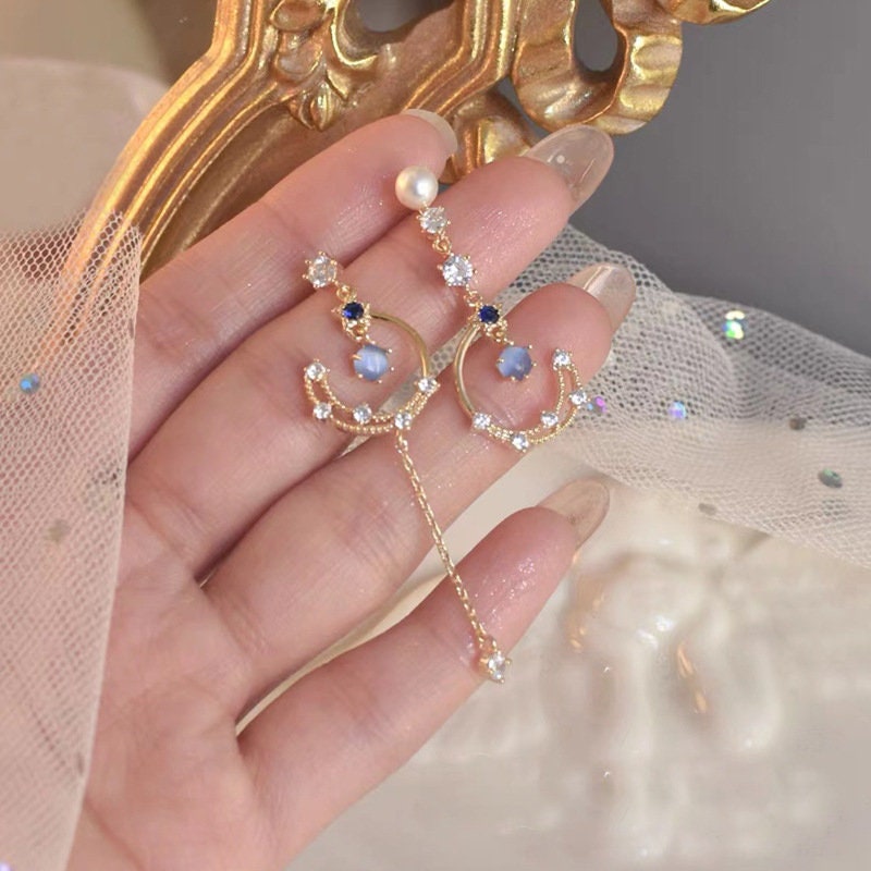 Celestial Dangle Drop Earrings Mismatched Crystal Flashy Aesthetic Earrings For Her, Gold Opal Earrings Star And Moon Floral Earring Set