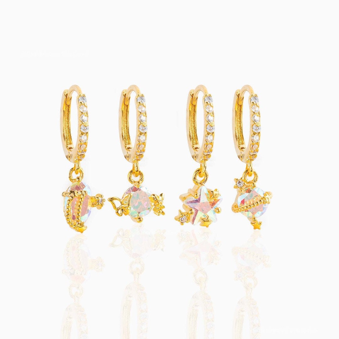 MULTIPLE PIERCING HOOP Crystal Gold Cute Modern Simple Earrings Set, Delicate Lightweight Daily Earrings Set, Valentine Gift for Her