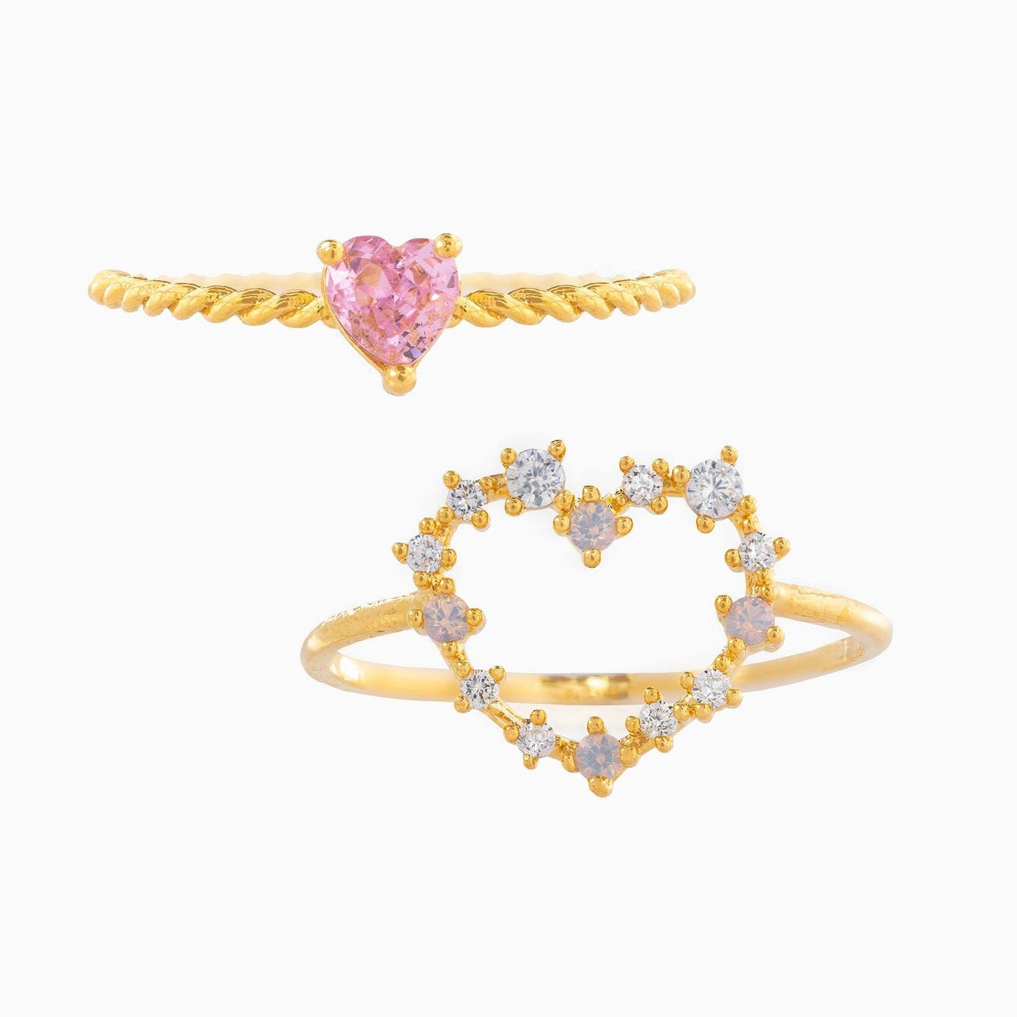 BESTIE CUTE HEART Opal Lightweight Crystal Ring Set For Friendship, Tiny Band Gold Crescent Cz Fancy Ring, Bridesmaid Gift For Her