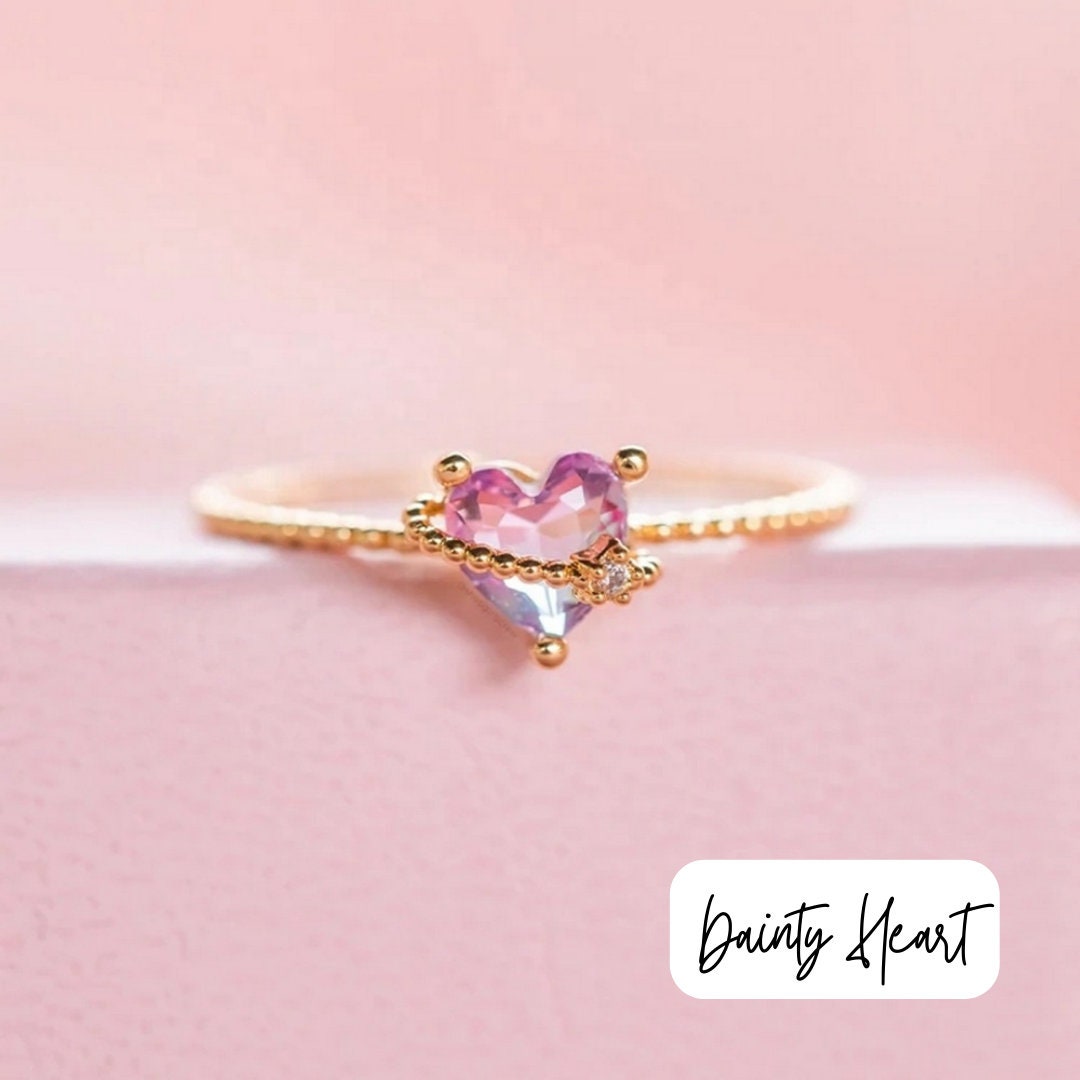 ROMANTIC PINK HEART Loving Crystal Colorful Ring For Women, Dainty Skinny Cz 1 Size Rings, Layering Keychain Ring Set, Heart Gold Ring Set