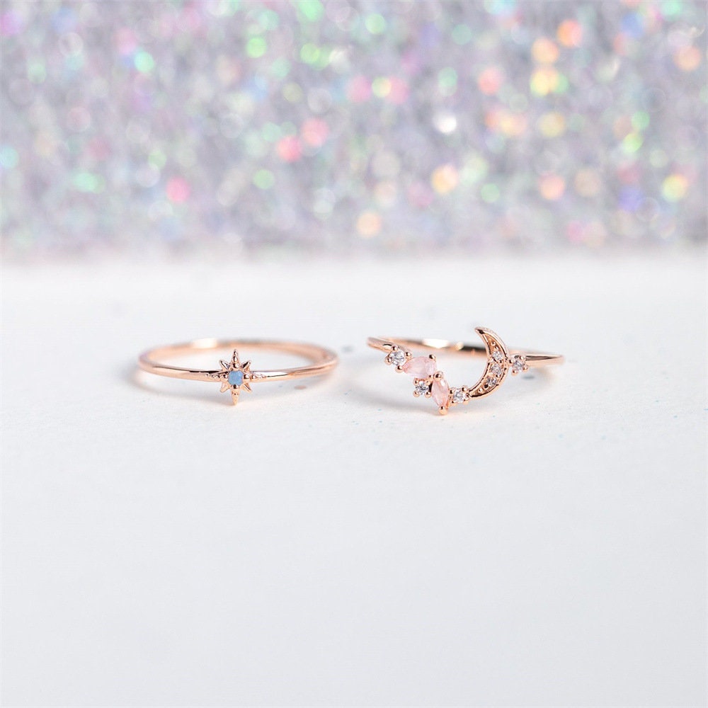 CELESTIAL MOON STAR Crystal Gold Lightweight Skinny Ring For Bestie, Aesthetic Minimal Friendship Ring, Cz Moon and Star Ring For Her