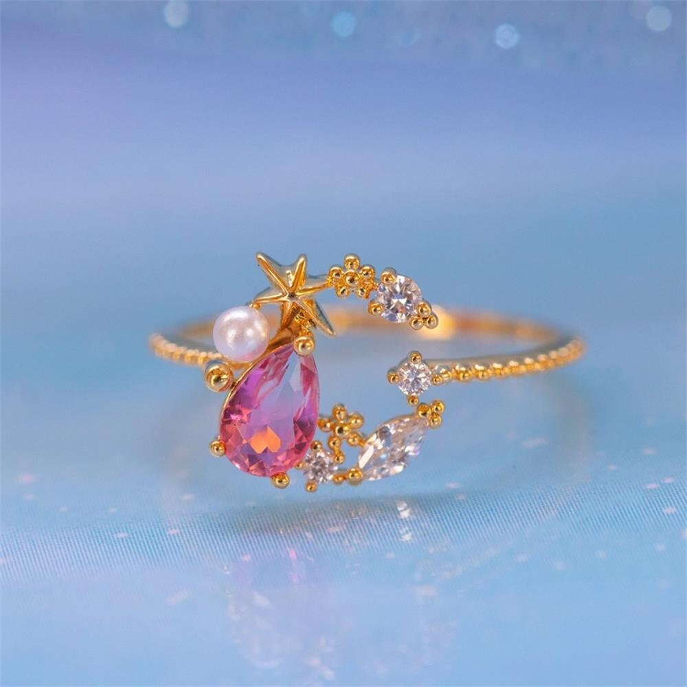 PINK CRYSTAL CELESTIAL Moon Star Dainty Minimalist Aesthetic Gold Ring, Crescent Shinny Sparking Fancy Luxurious Ring Set For Women