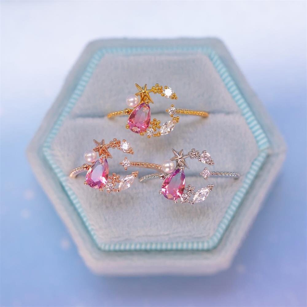 PINK CRYSTAL CELESTIAL Moon Star Dainty Minimalist Aesthetic Gold Ring, Crescent Shinny Sparking Fancy Luxurious Ring Set For Women