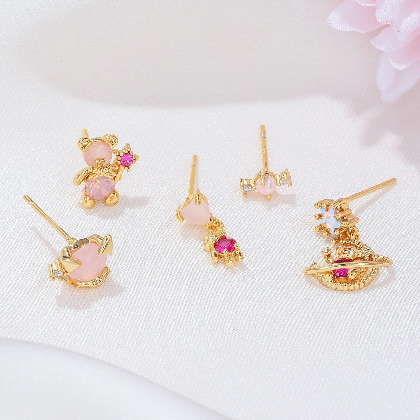 ENCHANTIC TEDDY Earrings Set Pink Enchantic Teddy Bear Tassel Treader Minimalist Dangling Lightweight Helix Earring Gift For Her