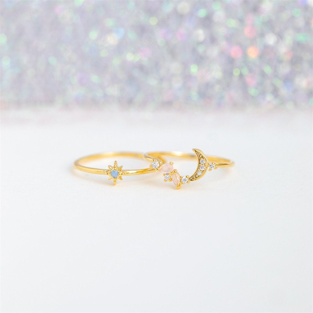 CELESTIAL MOON STAR Crystal Gold Lightweight Skinny Ring For Bestie, Aesthetic Minimal Friendship Ring, Cz Moon and Star Ring For Her