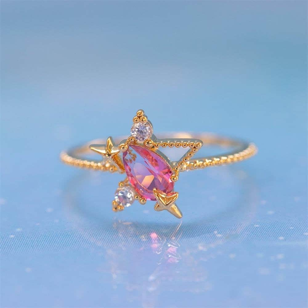 PINK CRYSTAL CELESTIAL Moon Star Dainty Minimalist Aesthetic Gold Ring, Crescent Shinny Sparking Fancy Luxurious Ring Set For Women