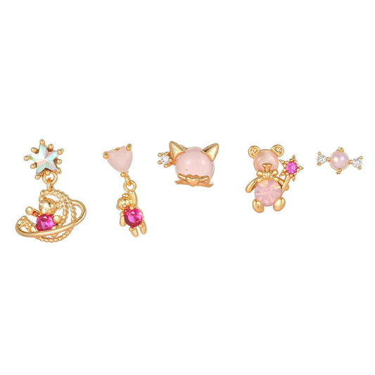 ENCHANTIC TEDDY Earring Set | Magical Pink Bear & Candy Studs | Kawaii Mismatched Gold Earrings