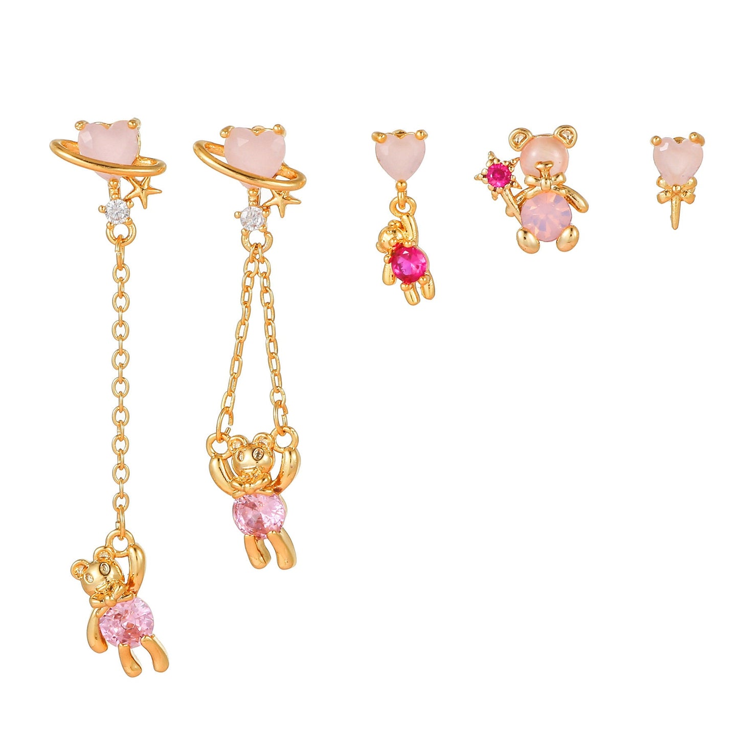 TEDDY WAVE - Earrings Set Pink Teddy Bear Swing Tassel Treader Minimalist Dangling Lightweight Helix Earrings Gift For Her