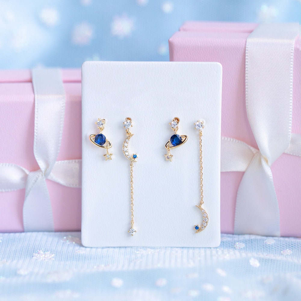 BLUE UNIVERSE - Celestial Astronaut Long Drop Chain Multiple Pieces Earrings Set, Dainty Lightweight Fashion Fancy Romantic Gift For Her