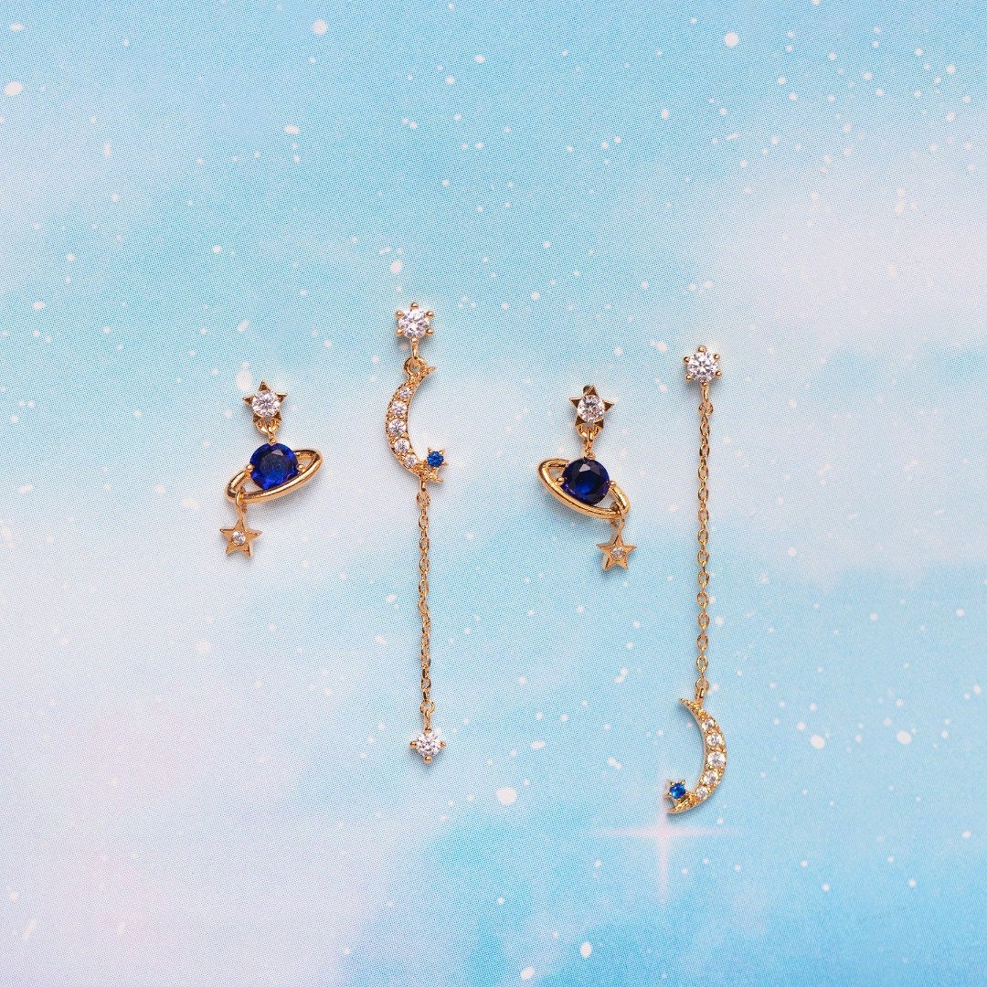 BLUE UNIVERSE - Celestial Astronaut Long Drop Chain Multiple Pieces Earrings Set, Dainty Lightweight Fashion Fancy Romantic Gift For Her