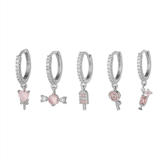 SILVER CANDY Earrings Set – Sweet Pink Dangle Hoops with Crystals | Cute Lollipop, Ice Cream & Drink Charms | Jaycii Jewelry