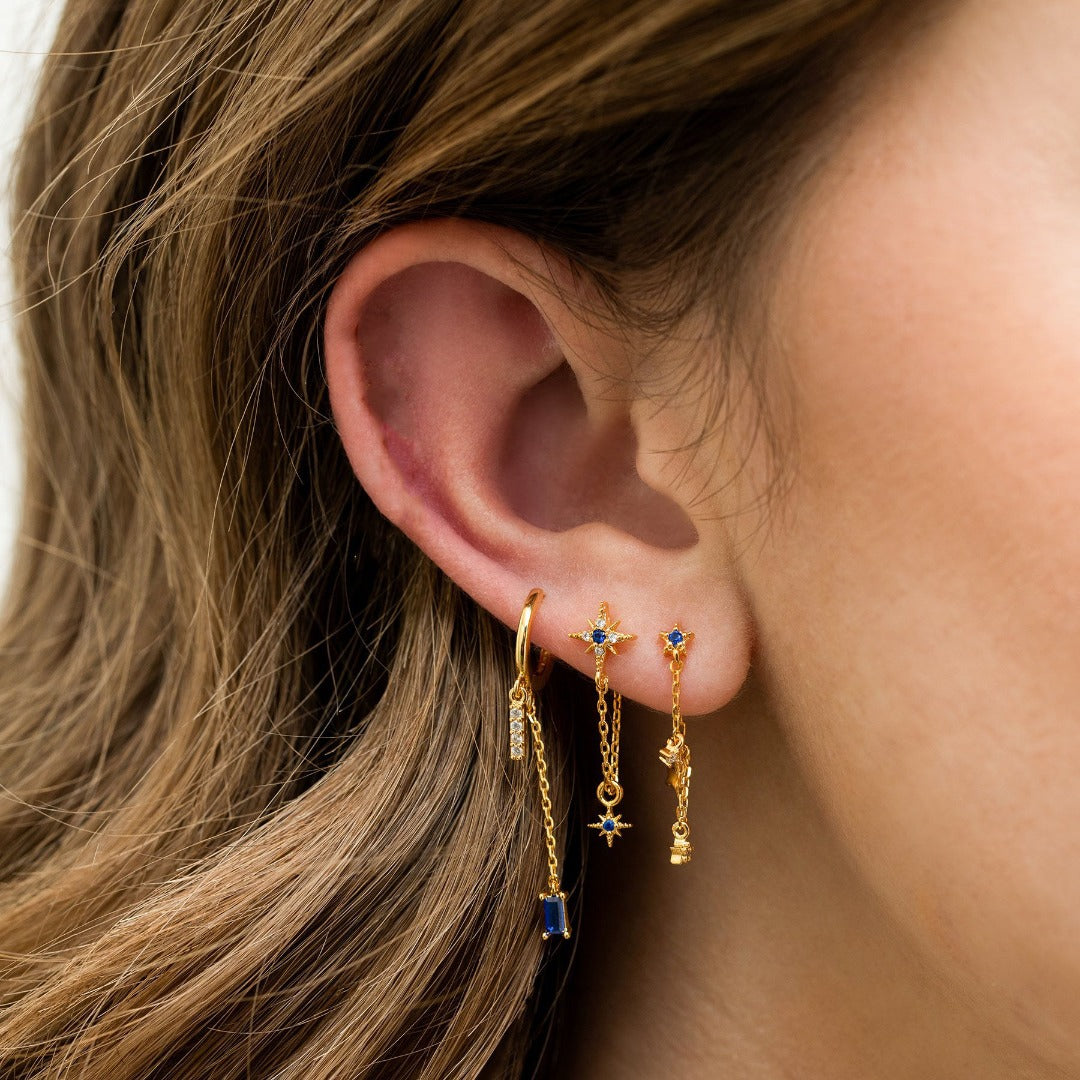 BLUE NIGHT Mismatched Gold Chain Earrings | Dainty Celestial Star & Blue Gem Drop Earring Set | Galaxy-Inspired Jewelry for Her