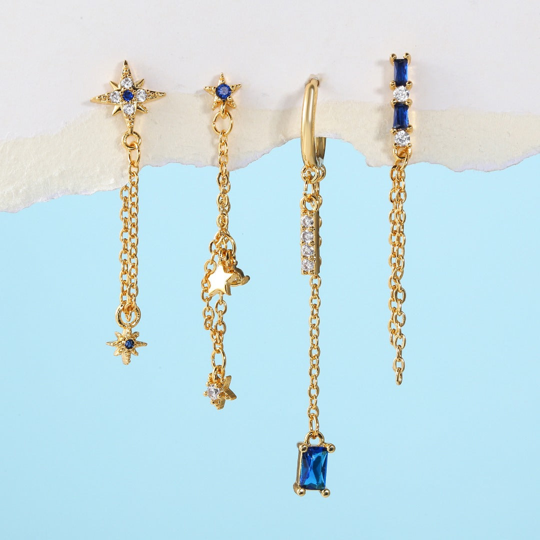 BLUE NIGHT Mismatched Gold Chain Earrings | Dainty Celestial Star & Blue Gem Drop Earring Set | Galaxy-Inspired Jewelry for Her