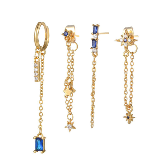 BLUE NIGHT Mismatched Gold Chain Earrings | Dainty Celestial Star & Blue Gem Drop Earring Set | Galaxy-Inspired Jewelry for Her