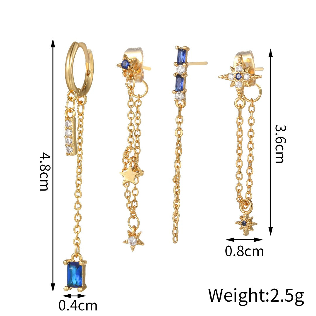 BLUE NIGHT Mismatched Gold Chain Earrings | Dainty Celestial Star & Blue Gem Drop Earring Set | Galaxy-Inspired Jewelry for Her