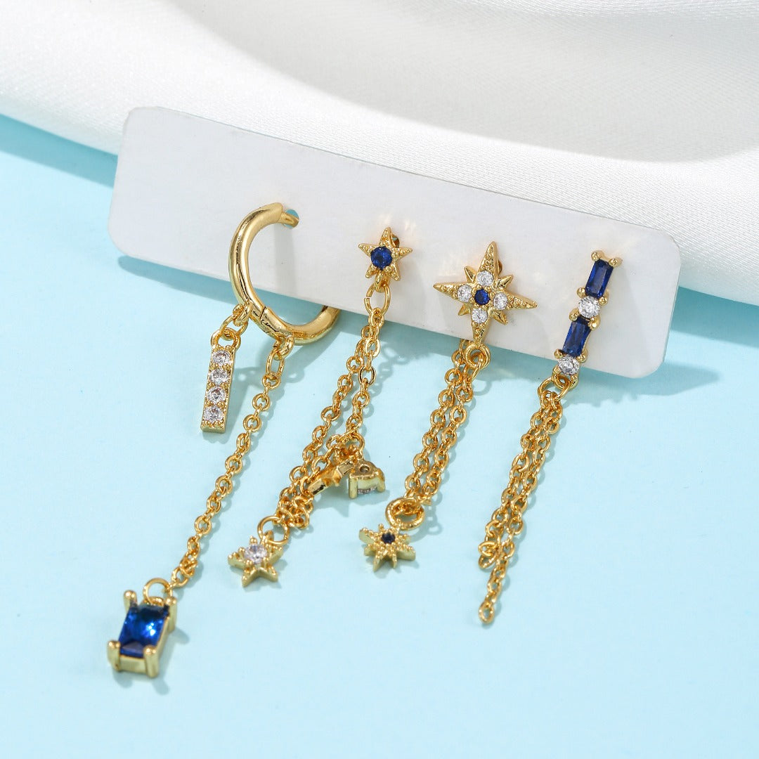 BLUE NIGHT Mismatched Gold Chain Earrings | Dainty Celestial Star & Blue Gem Drop Earring Set | Galaxy-Inspired Jewelry for Her