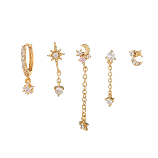 STARRY NIGHT Earrings Set – Gold Moon & Star Drop Earrings with CZ Crystals | Dainty Celestial Ear Stack | Jaycii Jewelry